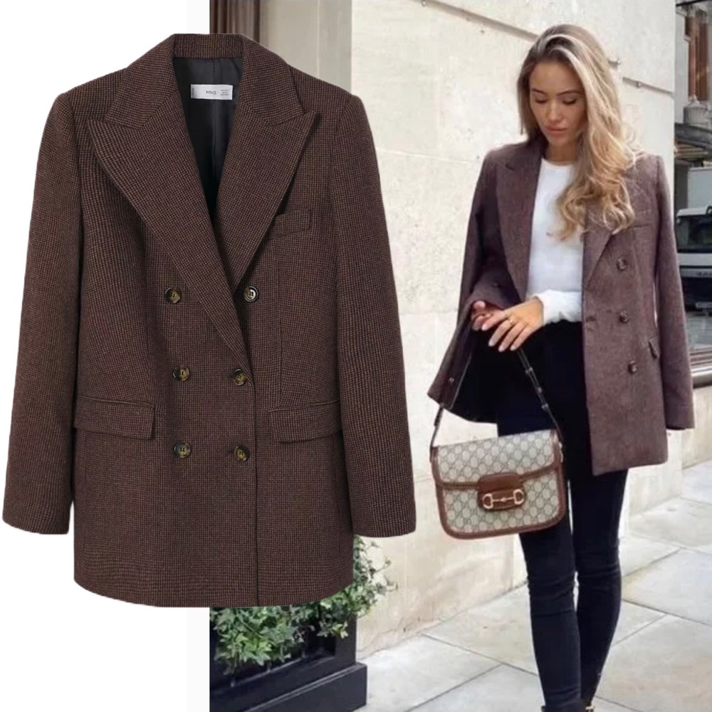 Mango Wool Blend Check Houndstooth Brown Double Breasted Blazer Jacket Academia
